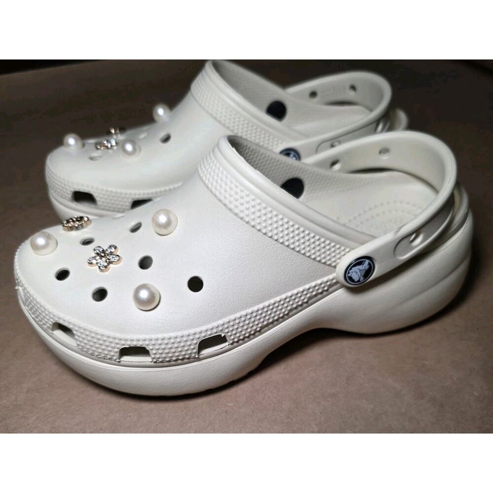 Crocs Comfort Platform Bone W 7/ J5 Pearl & Rhinestone Charms Bridal Aesthetic